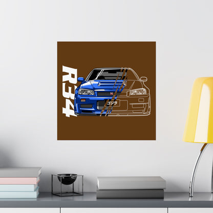 R34 Skyline Matte Square Poster - Car Enthusiast Wall Art, Automotive Decor, Gift for Gearheads - CreativeRino