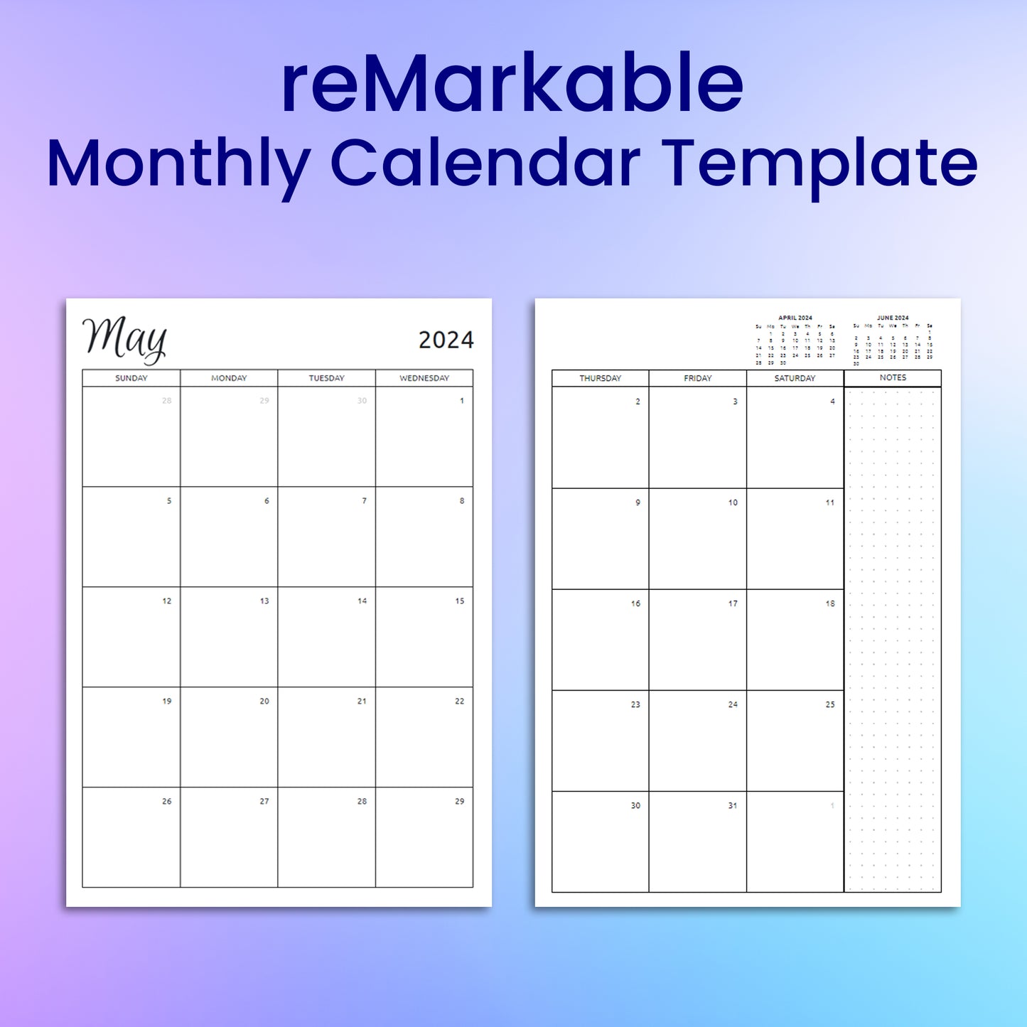 reMarkable 2 Monthly Calendar Planner Template