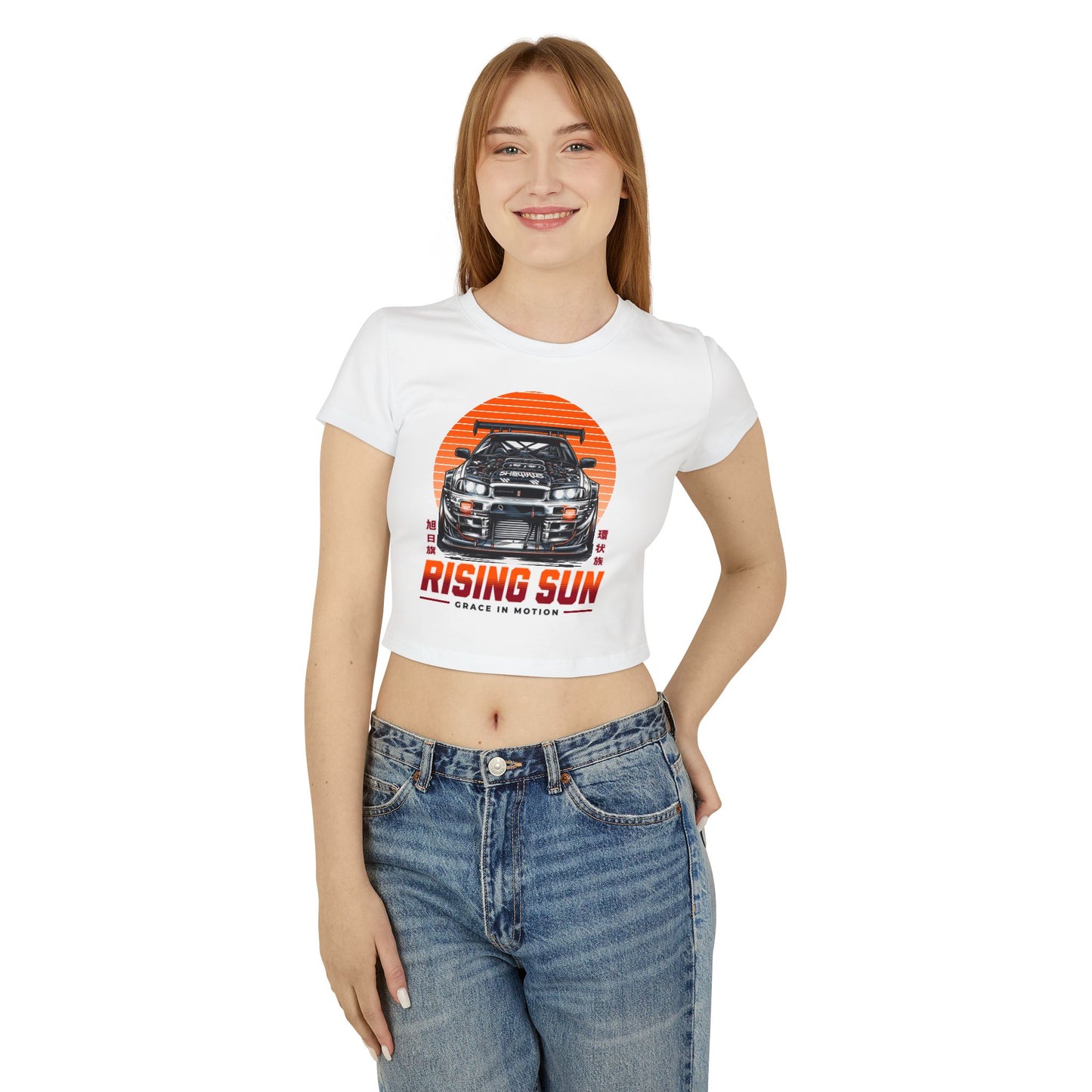 Rising Sun Women's Baby Tee - Stylish Automotive Graphic T-shirt - CreativeRino