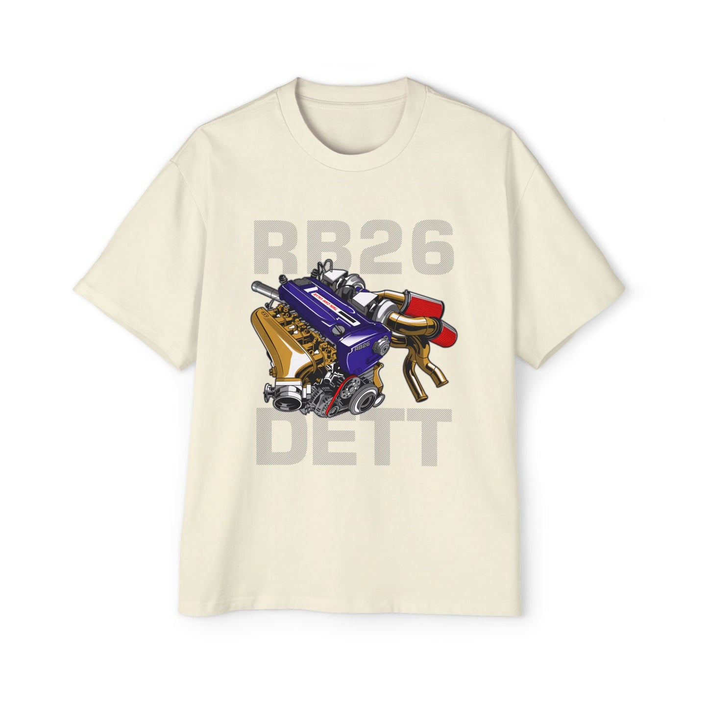 Men's Heavy Oversized Tee - RB26 DETT Engine Graphic T-Shirt for Car Enthusiasts - CreativeRino