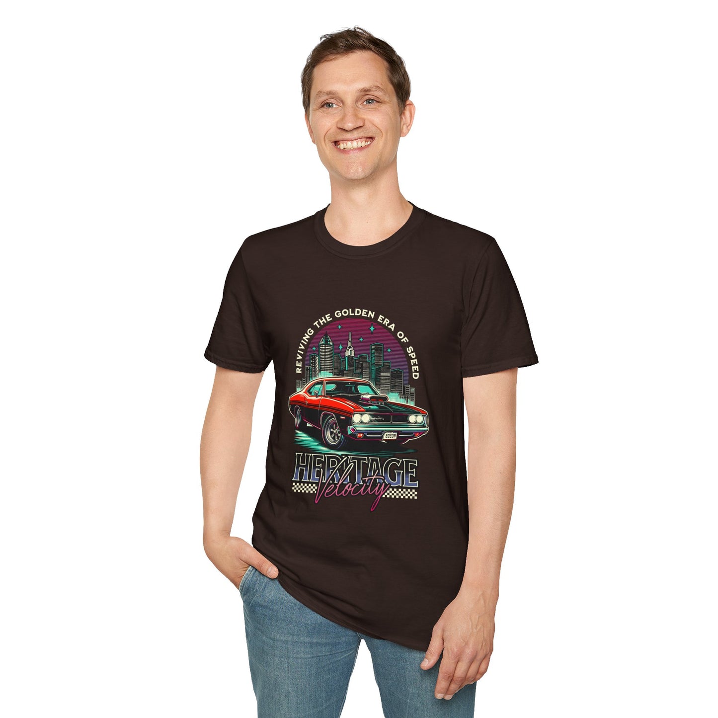 Heritage Velocity Unisex Softstyle T-Shirt - Retro Car Design for Classic Car Lovers - CreativeRino