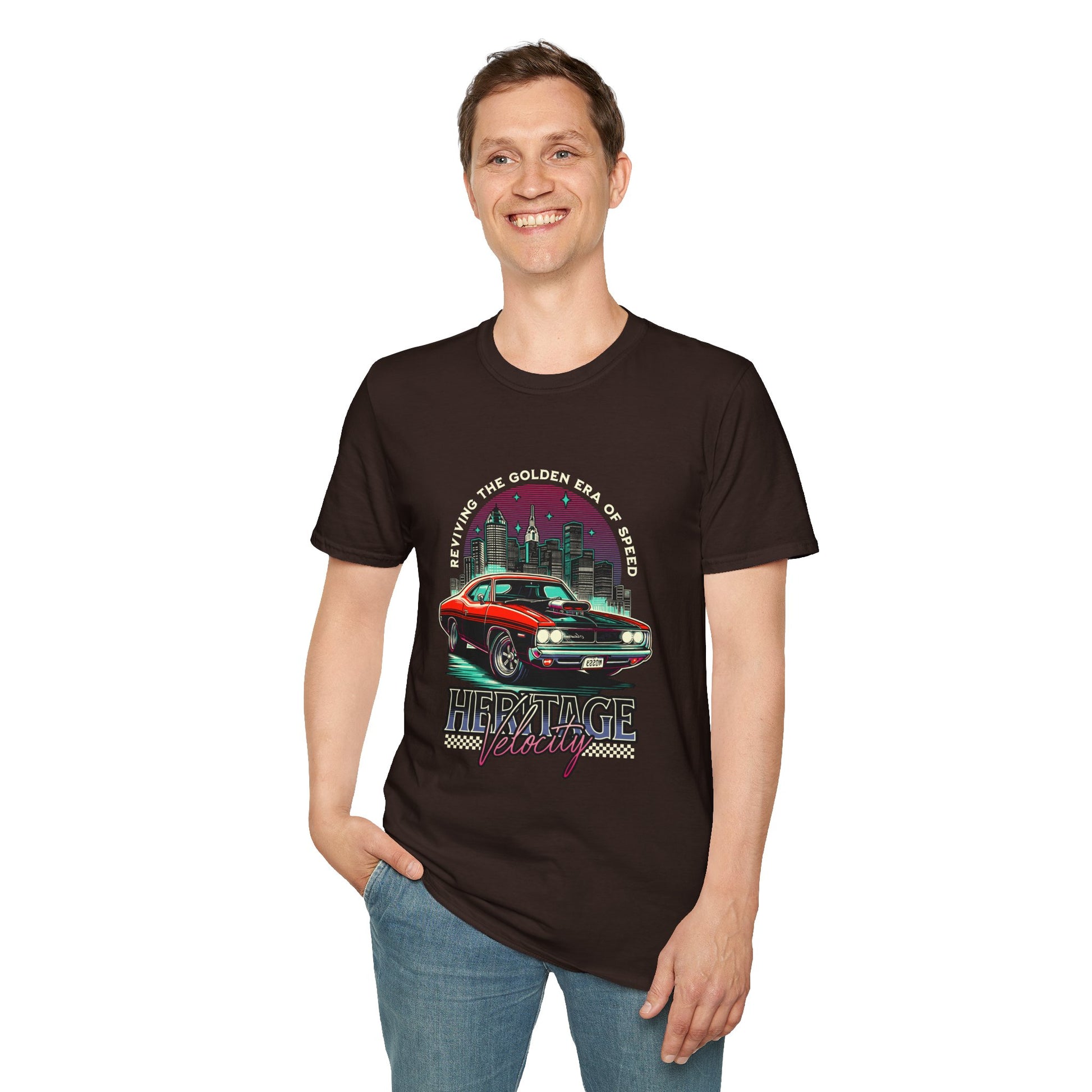 Heritage Velocity Unisex Softstyle T-Shirt - Retro Car Design for Classic Car Lovers - CreativeRino