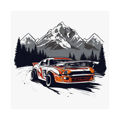 Racing Car Satin Poster - Mountain Adventure Art Print - CreativeRino