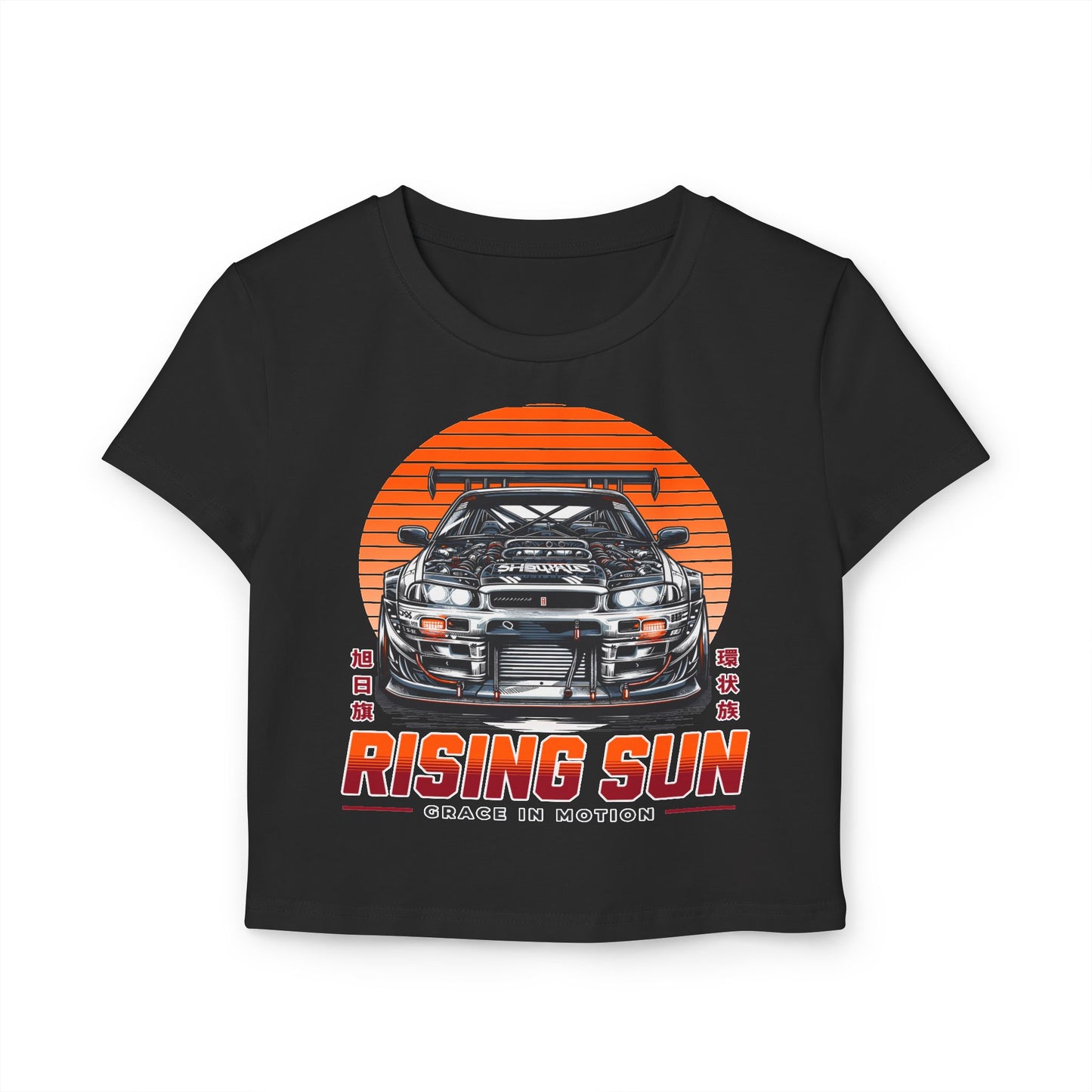 Rising Sun Women's Baby Tee - Stylish Automotive Graphic T-shirt - CreativeRino