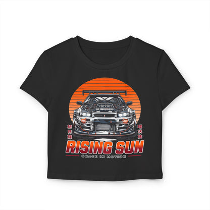 Rising Sun Women's Baby Tee - Stylish Automotive Graphic T-shirt - CreativeRino