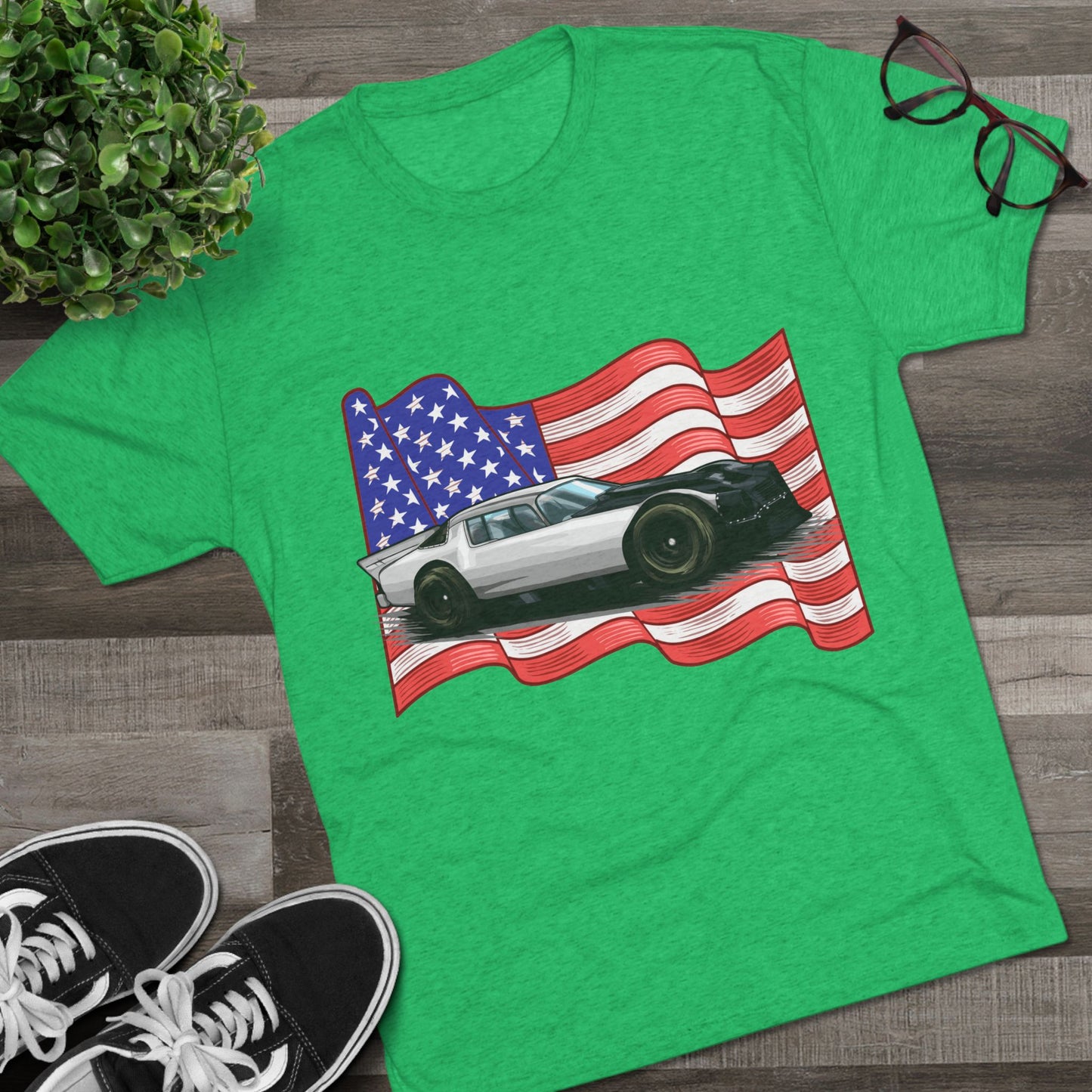 American Flag Car Unisex Tri-Blend Crew Tee - CreativeRino