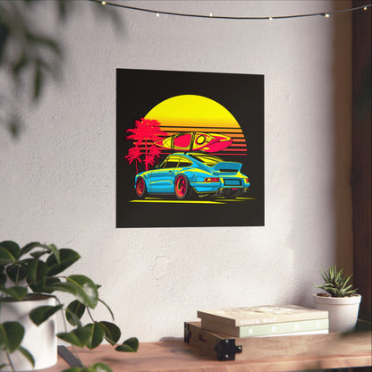 Retro Beach Vibes Matte Square Poster - Neon Car & Surfboard Design - CreativeRino