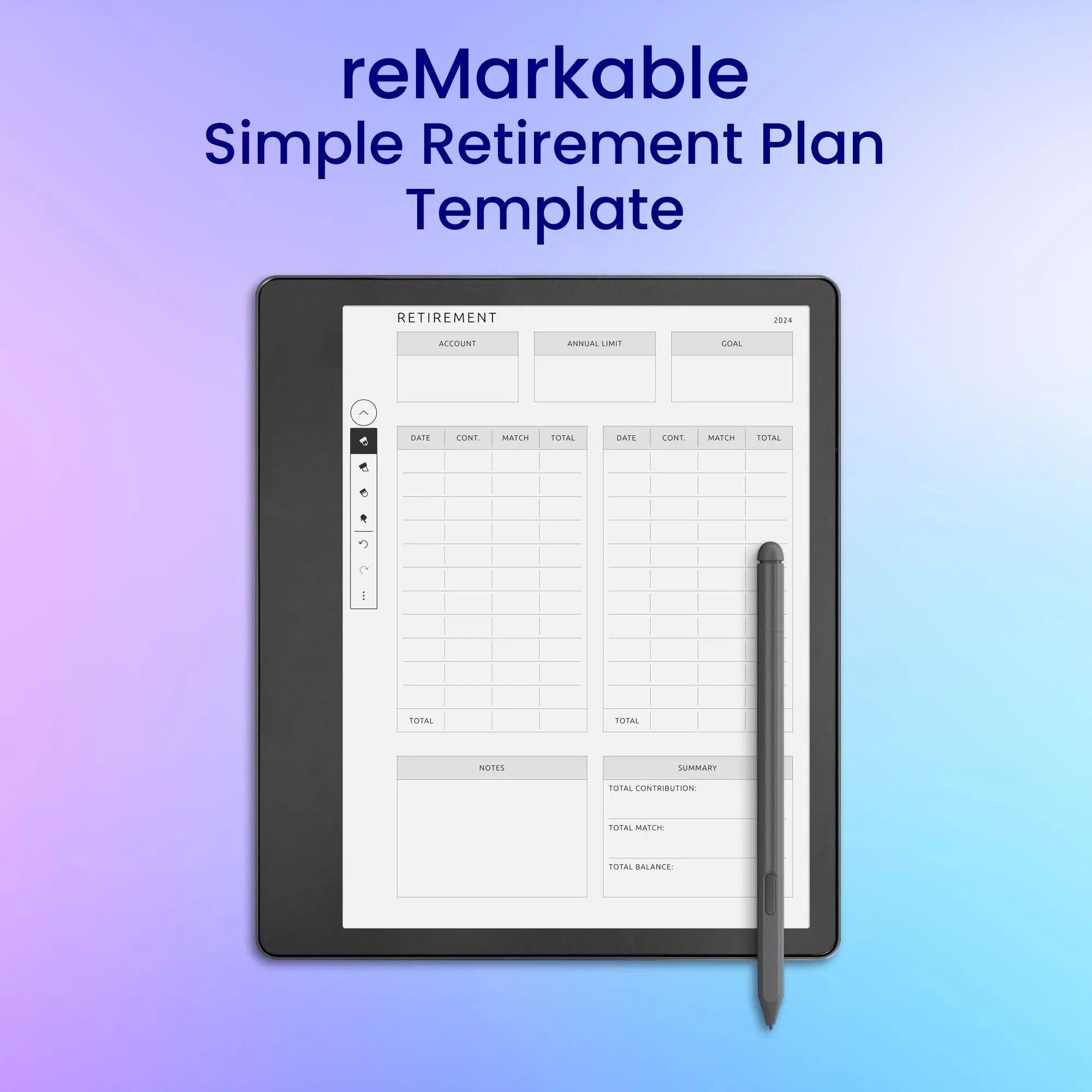 reMarkable 2 Simple Retirement Plan Template Planner Template ...
