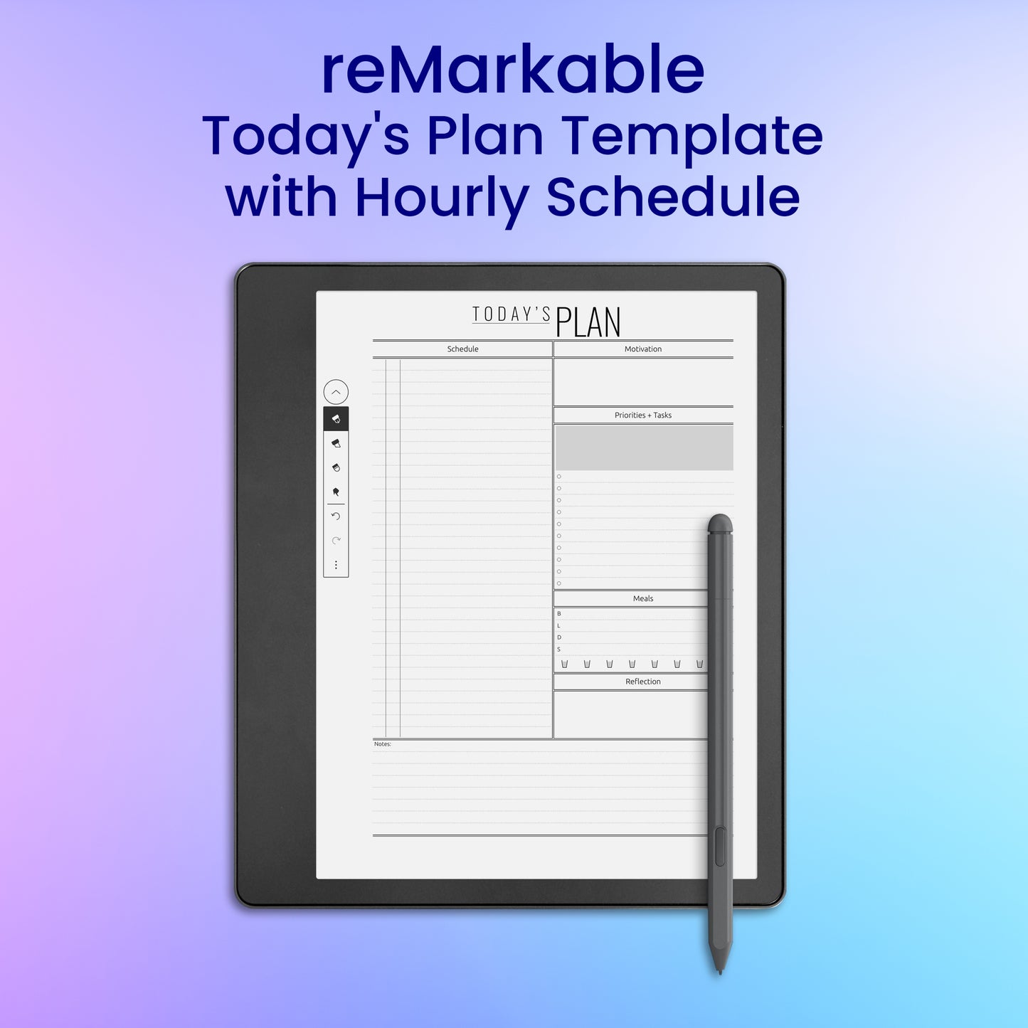 reMarkable 2 Today's Plan Template With Hourly Schedule Planner Template