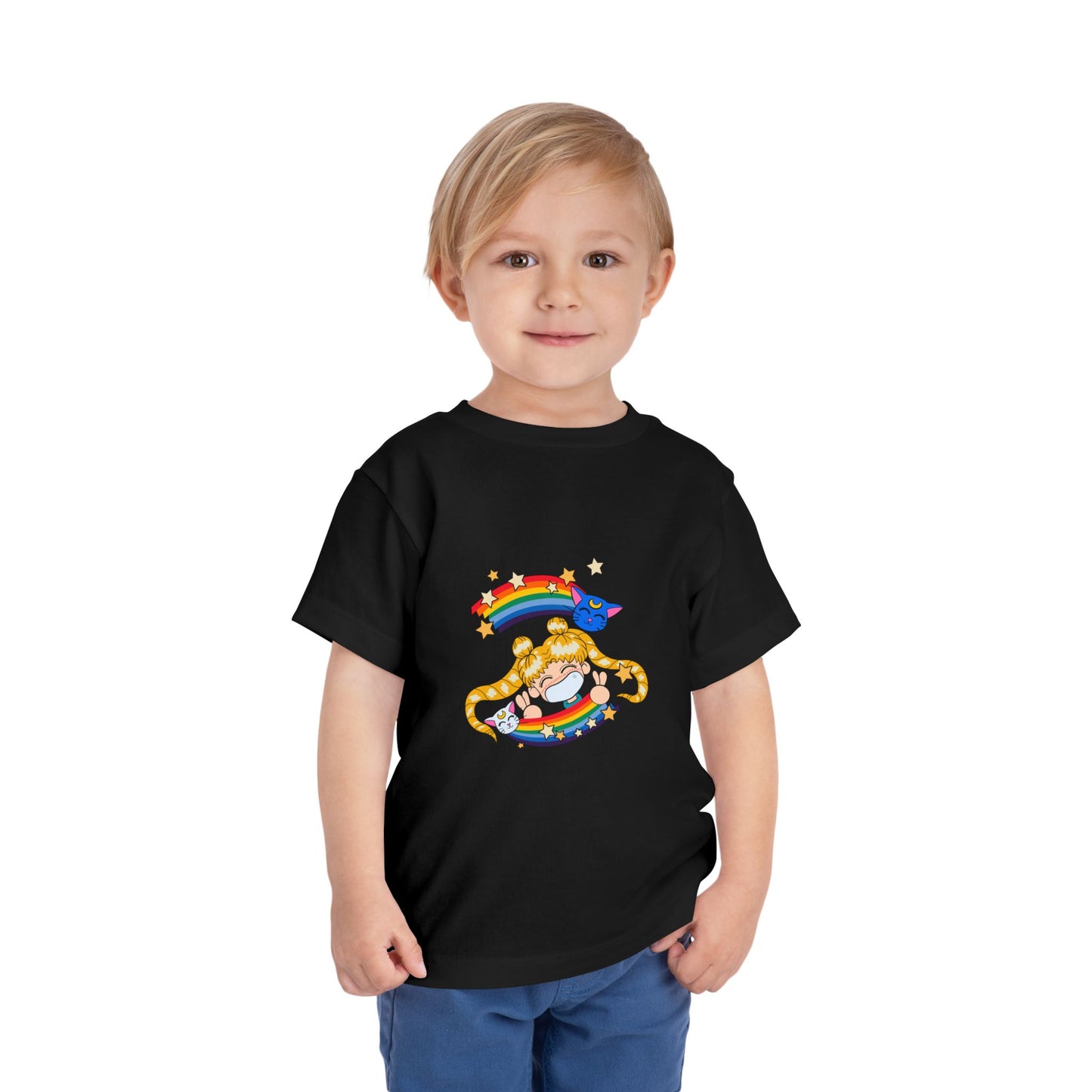 Magical Anime Rainbow Toddler Tee - Sailor Moon Fun Short Sleeve T-shirt for Young Fans - CreativeRino