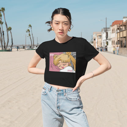 Cute Women's Flowy Cropped Tee - 'You & Me' Graphic, Sailor Moon Perfect T-shirt for Cozy Days and Casual Outings - CreativeRino