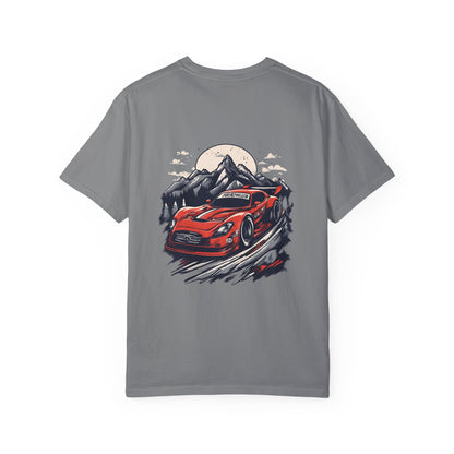 Adventure Awaits Unisex Garment-Dyed T-shirt - Red Sports Car Design - CreativeRino