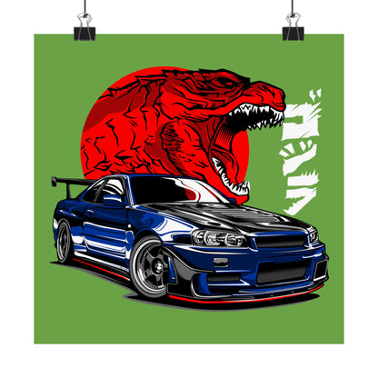 Car Matte Square Poster - Racing Car & Tyrannosaurus Design - CreativeRino