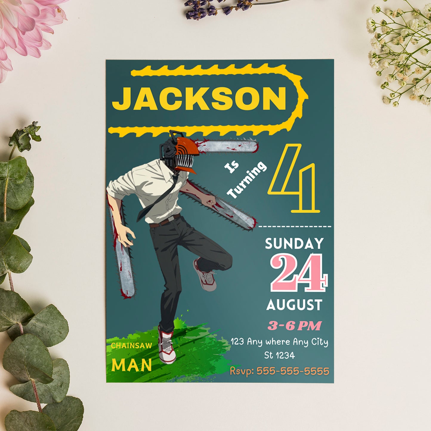 Chainsaw Man Birthday Invitation Template - CreativeRino