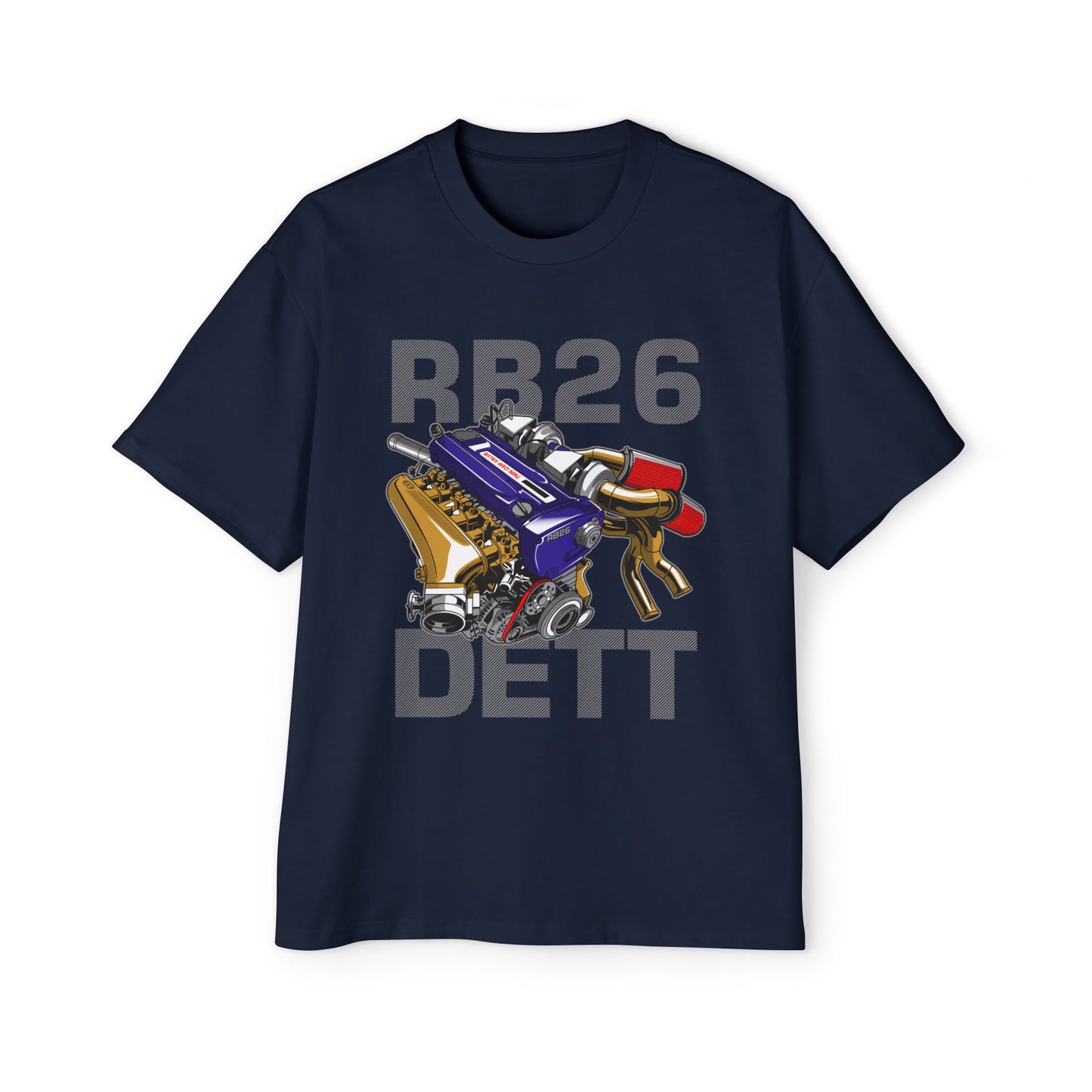 Men's Heavy Oversized Tee - RB26 DETT Engine Graphic T-Shirt for Car Enthusiasts - CreativeRino