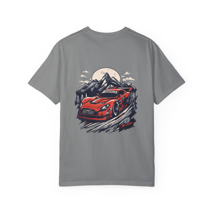 Adventure Awaits Unisex Garment-Dyed T-shirt - Red Sports Car Design - CreativeRino