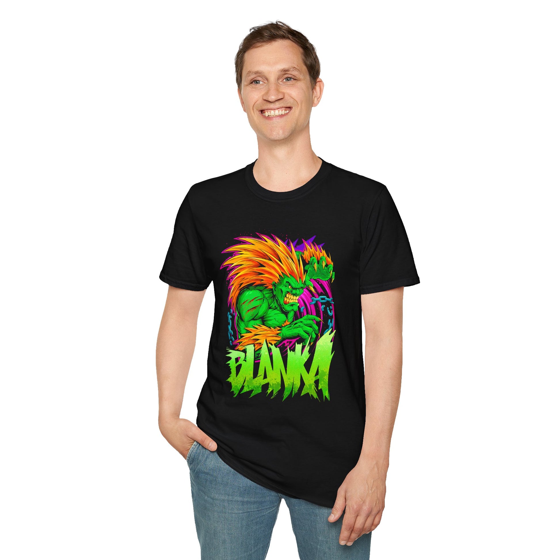 Retro Blanka Graphic Unisex Softstyle T-Shirt - Perfect for Gamers & Comic Fans - CreativeRino