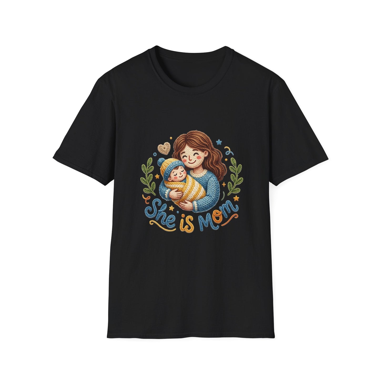 She Is Mom T-Shirt — Cute Mom & Baby Illustration, Mother’s Day Gift Tee Printify