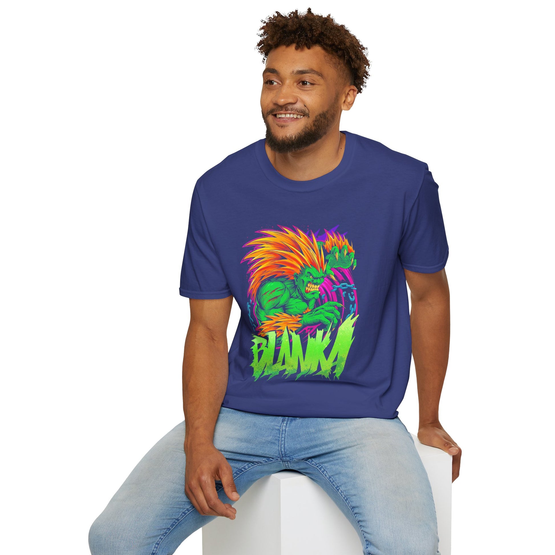 Retro Blanka Graphic Unisex Softstyle T-Shirt - Perfect for Gamers & Comic Fans - CreativeRino