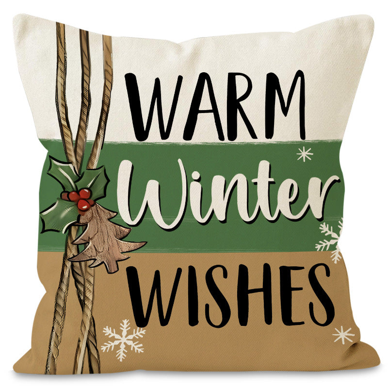 Green Christmas Tree & Snowflake Linen Pillow Cover | Festive Letter Printed Cushion Case for Holiday Decor eprolo