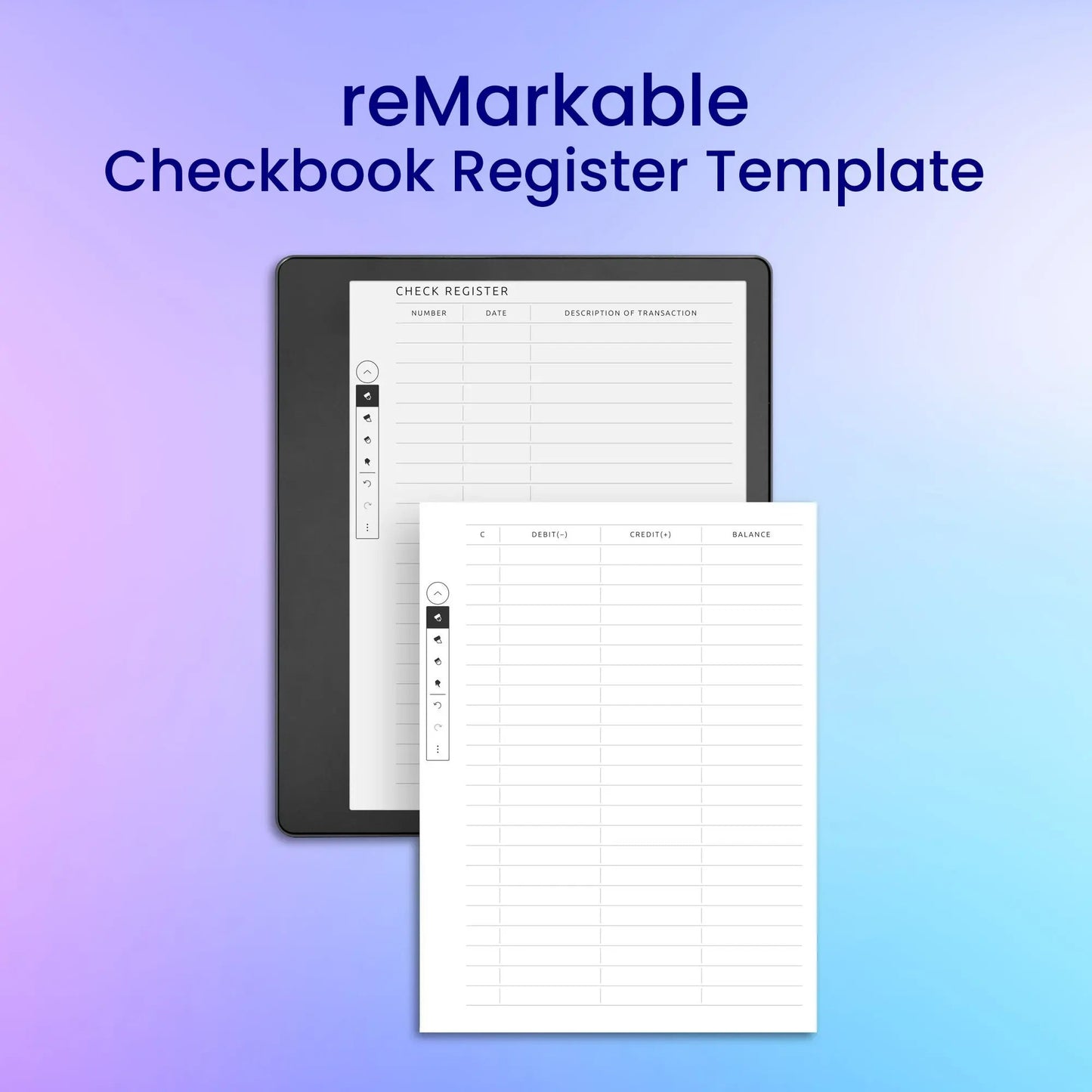 reMarkable 2 Checkbook Register Template Planner Template My Store