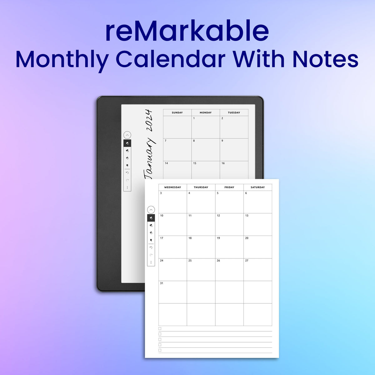 Calendar Withe Notes reMarkable 2 Monthly calendar With Notes Planner Template – CreativeRino