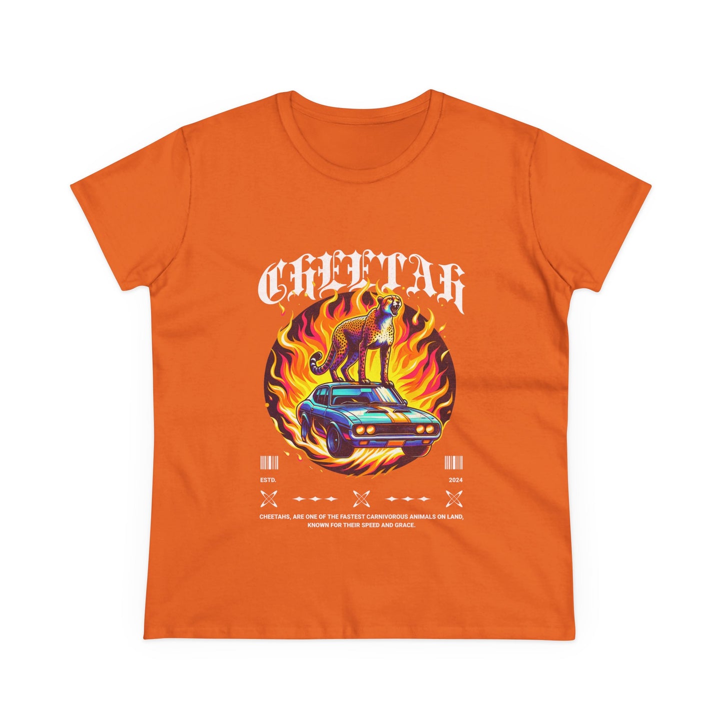 Cool Car and Cheetah Graphic Women's Tee Midweight Cotton T-shirt - CreativeRino