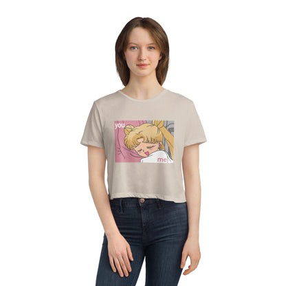 Cute Women's Flowy Cropped Tee - 'You & Me' Graphic, Sailor Moon Perfect T-shirt for Cozy Days and Casual Outings - CreativeRino