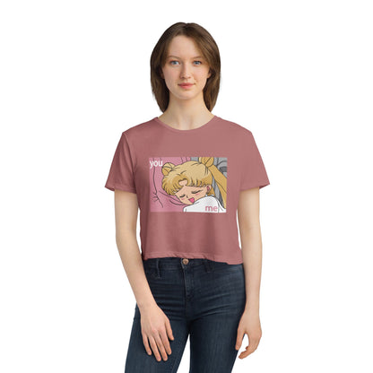 Cute Women's Flowy Cropped Tee - 'You & Me' Graphic, Sailor Moon Perfect T-shirt for Cozy Days and Casual Outings - CreativeRino