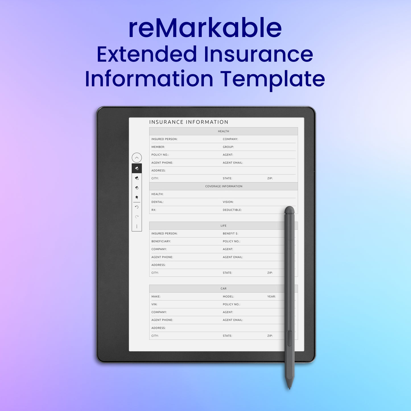 reMarkable 2 Extended Insurance Information Template Planner Template