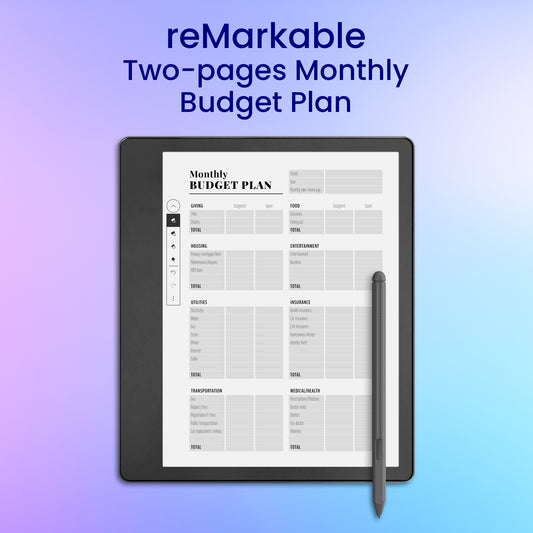 reMarkable 2 Two-pages monthly budget plan Planner Template