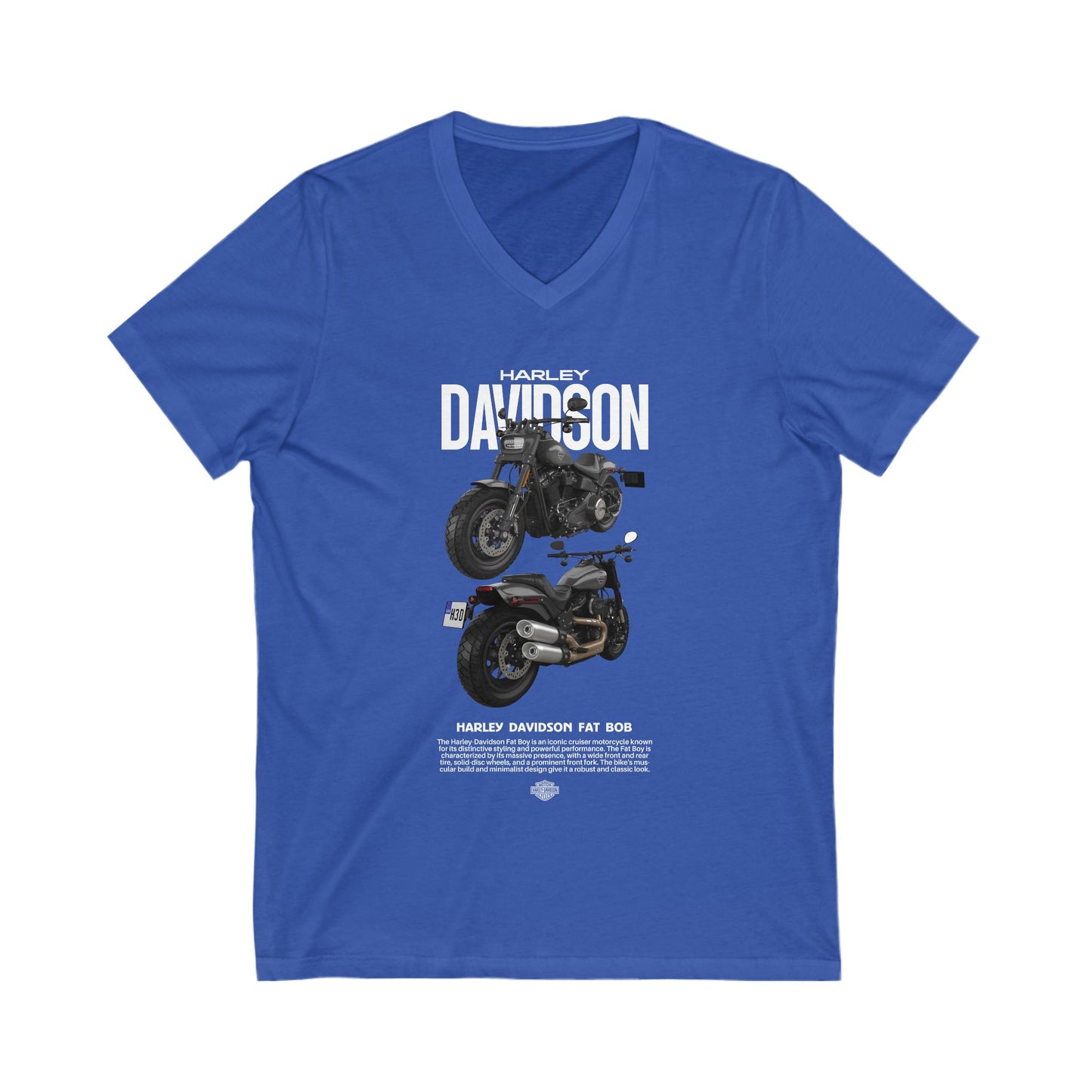 Harley-Davidson Fat Bob V-Neck Tee - Vintage Motorcycle Graphic T-shirt for Bikers - CreativeRino