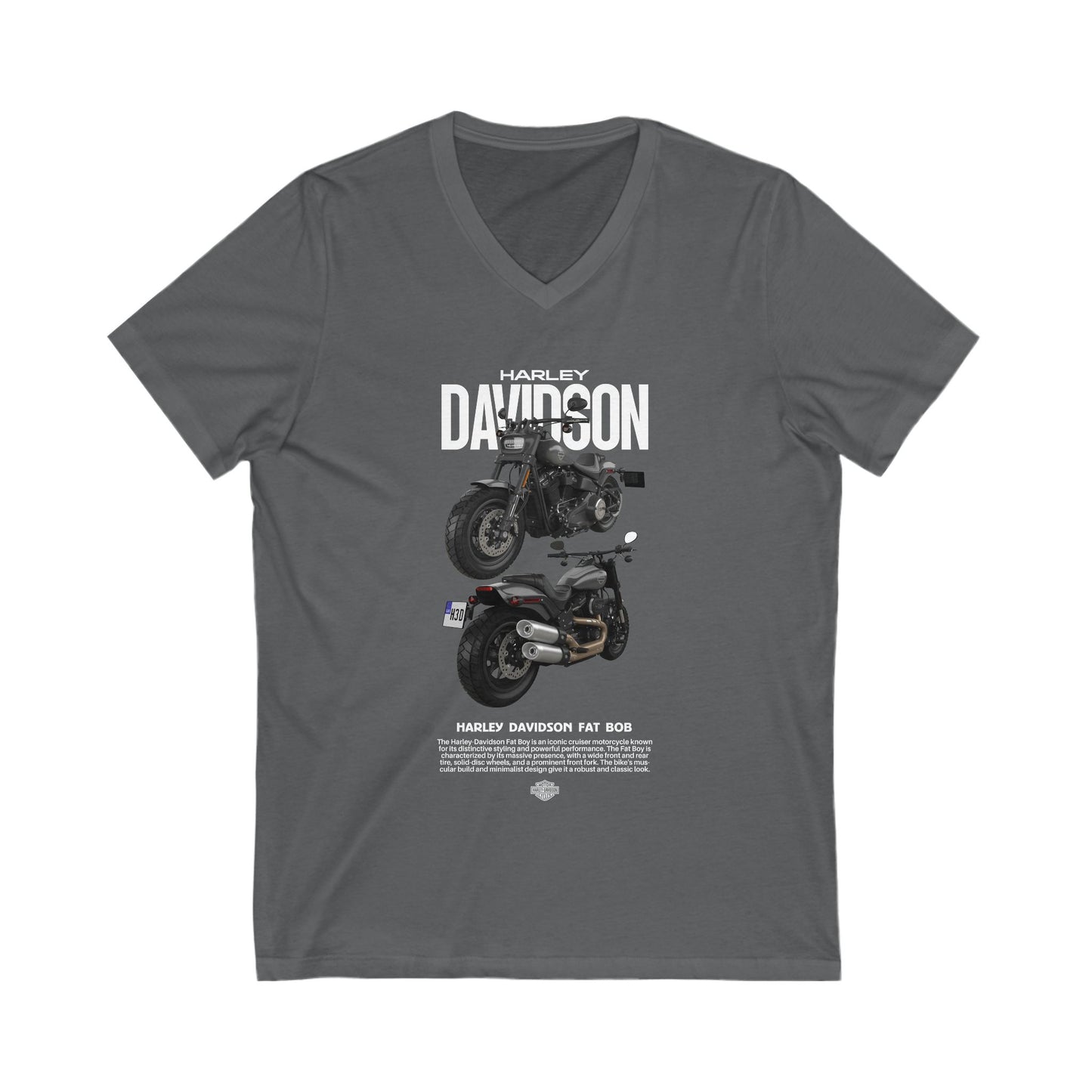 Harley-Davidson Fat Bob V-Neck Tee - Vintage Motorcycle Graphic T-shirt for Bikers - CreativeRino