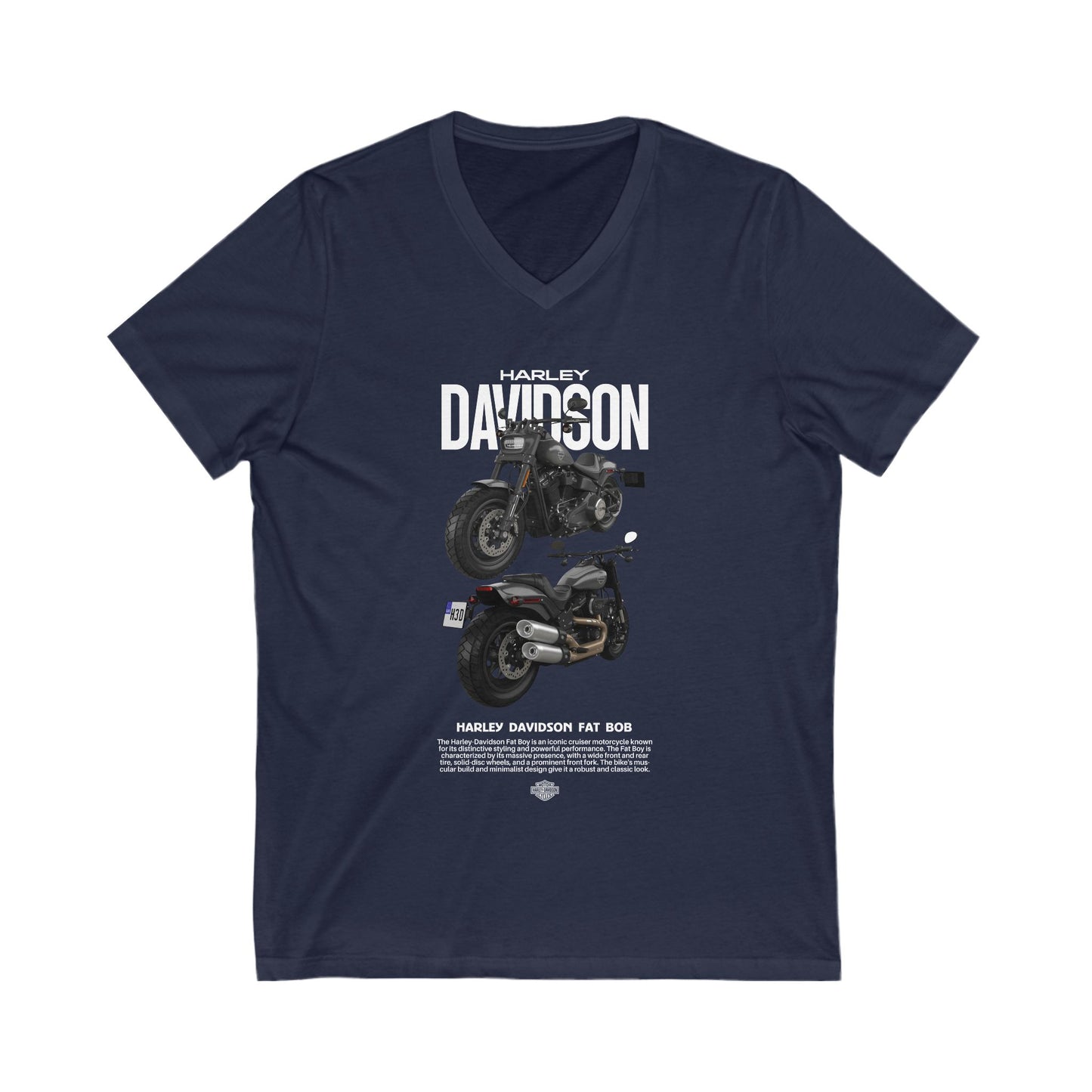 Harley-Davidson Fat Bob V-Neck Tee - Vintage Motorcycle Graphic T-shirt for Bikers - CreativeRino