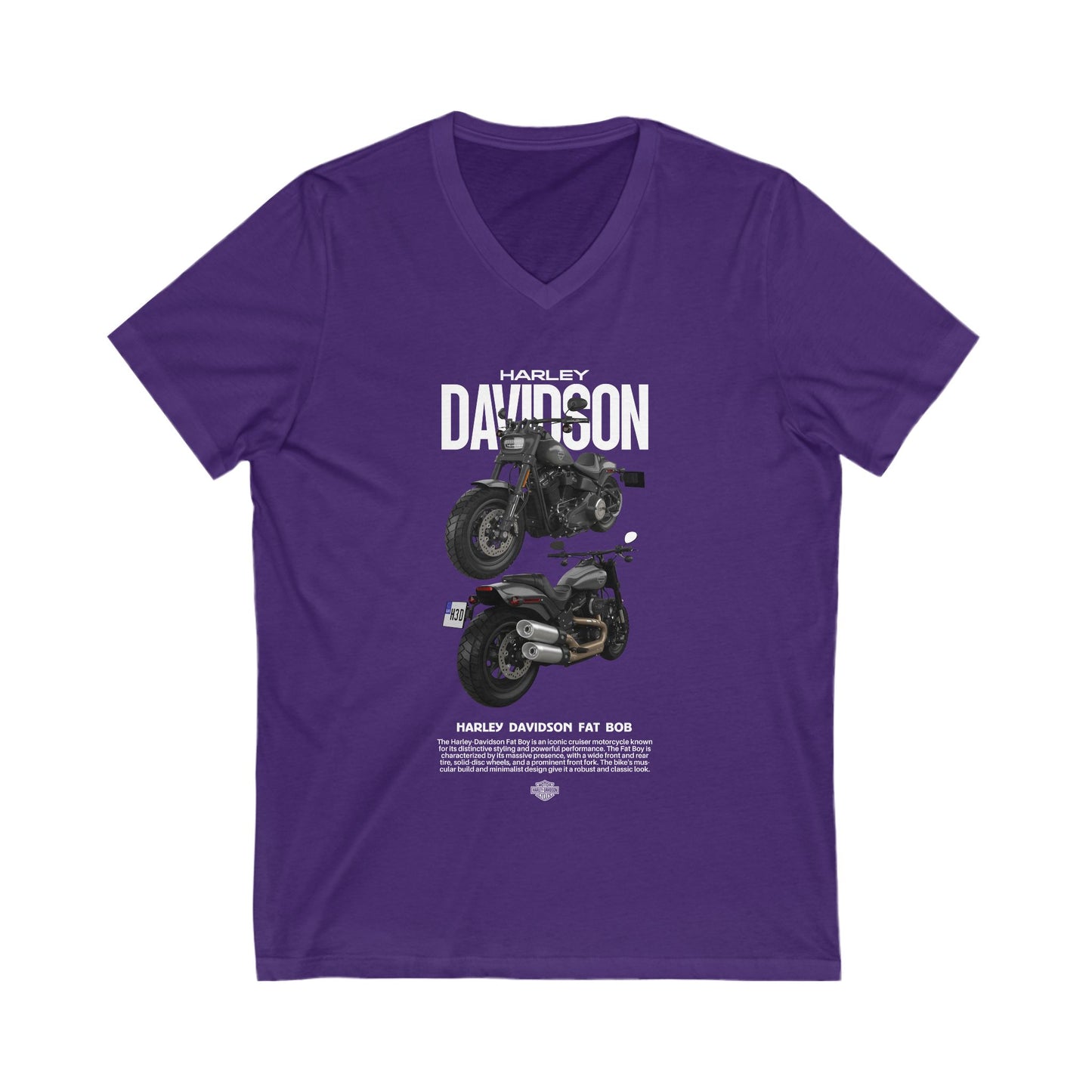 Harley-Davidson Fat Bob V-Neck Tee - Vintage Motorcycle Graphic T-shirt for Bikers - CreativeRino