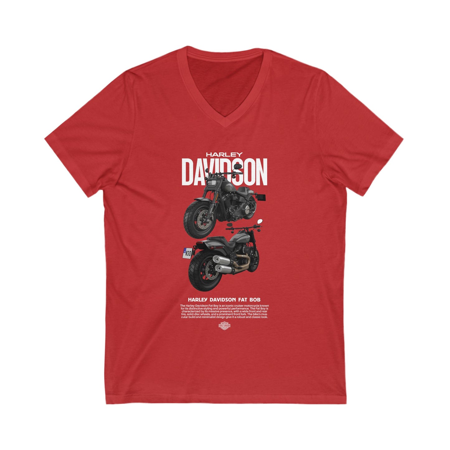 Harley-Davidson Fat Bob V-Neck Tee - Vintage Motorcycle Graphic T-shirt for Bikers - CreativeRino