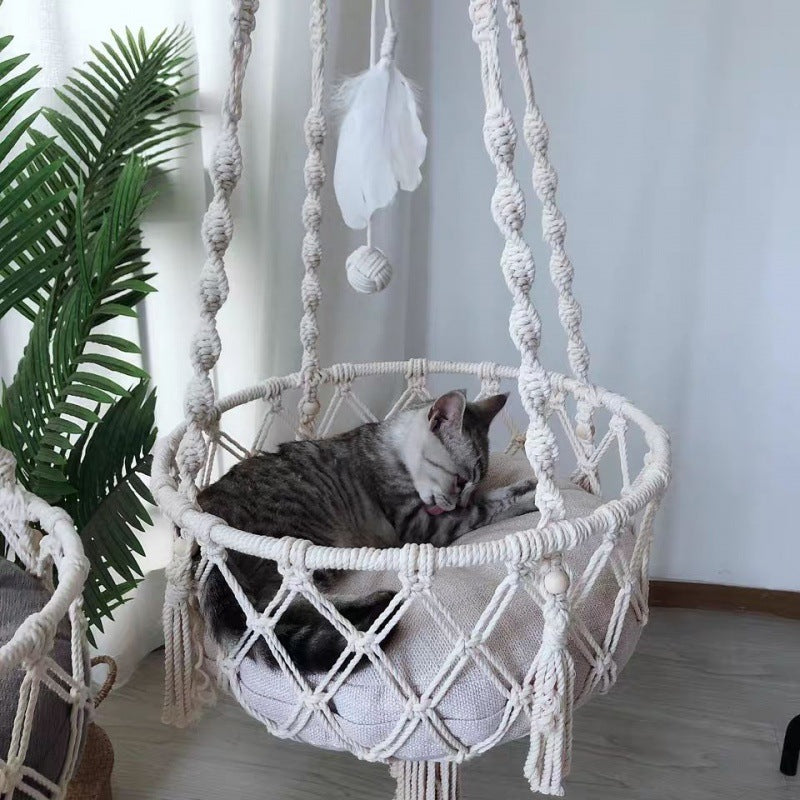 Handwoven Boho Macrame Hanging Cat Bed & Tapestry Swing Basket CreativeRino