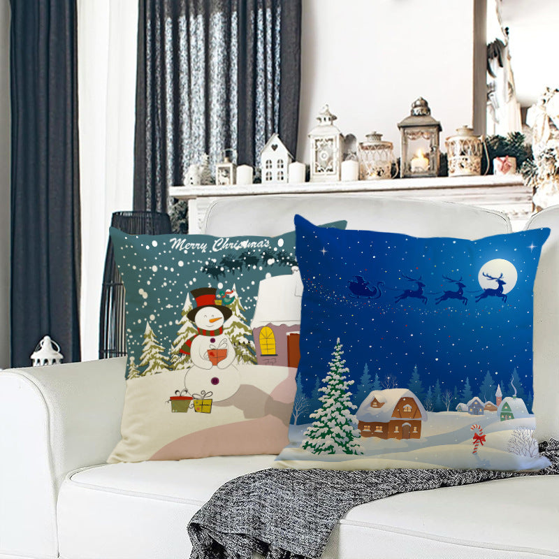Linen Christmas Pillow Cover | Snowman & Tree Print Decorative Cushion for Sofa/Bed eprolo