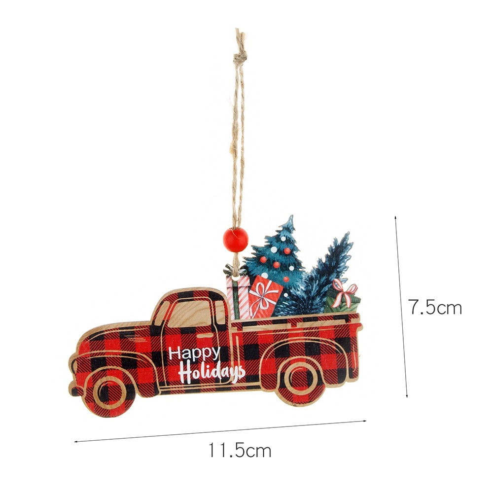 Rustic Plaid Wooden Christmas Ornaments Set | Santa, Car & Tree Hanging Pendants Decor