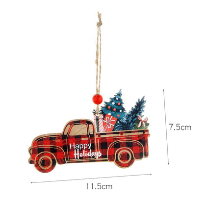 Rustic Plaid Wooden Christmas Ornaments Set | Santa, Car & Tree Hanging Pendants Decor