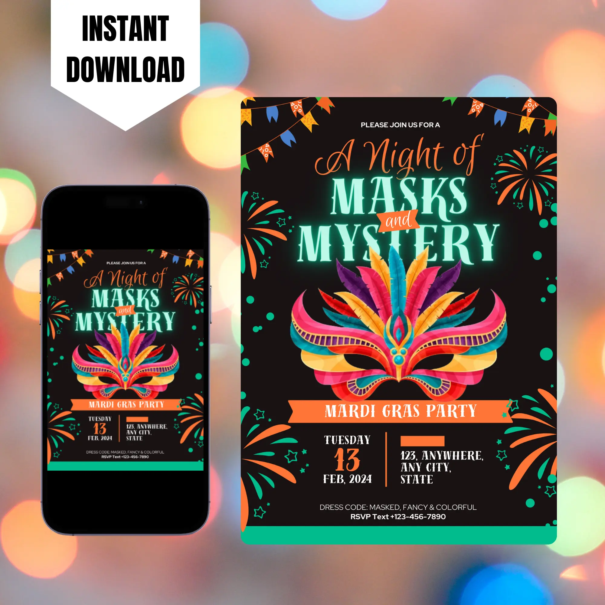 Mardi Gras Mask Party Invitation Template – CreativeRino