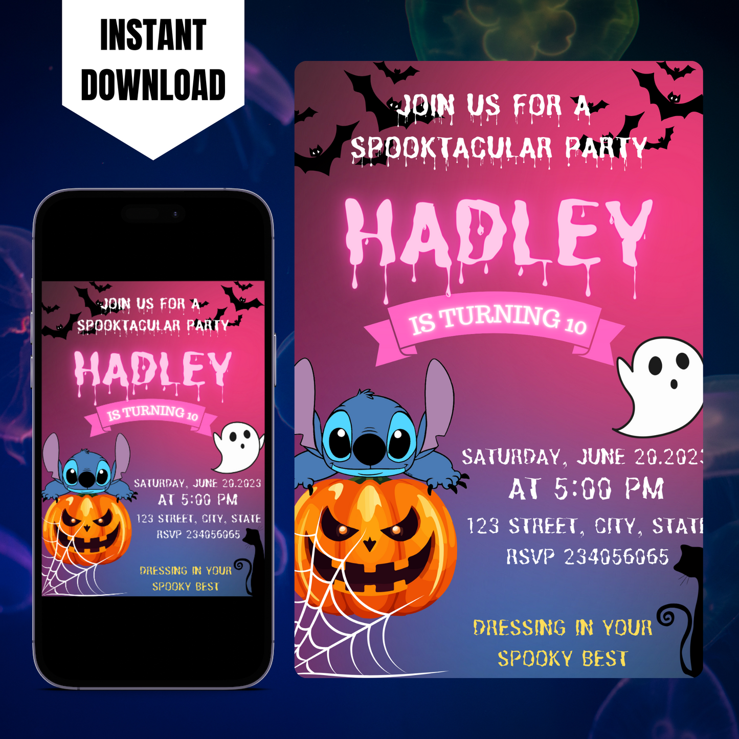 Spooktacular Stitch Halloween Birthday Party Invitation Template