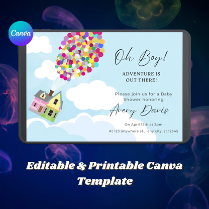 UP Baby Shower Invitation Template | Flying House and Balloons Invite CreativeRino