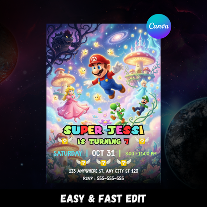 Mario Galaxy Birthday Invitation, Editable Fairytale Theme Party Canva Template CreativeRino