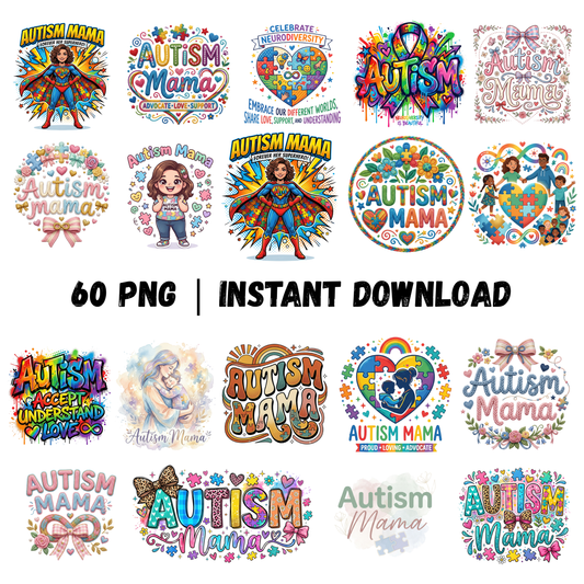 Autism Mama PNG | Autism Awareness | Superhero Cartoon Aesthetic Retro Groovy 70s-style Coquette Faux Yarn Preppy Puzzle Trendy Designs CreativeRino
