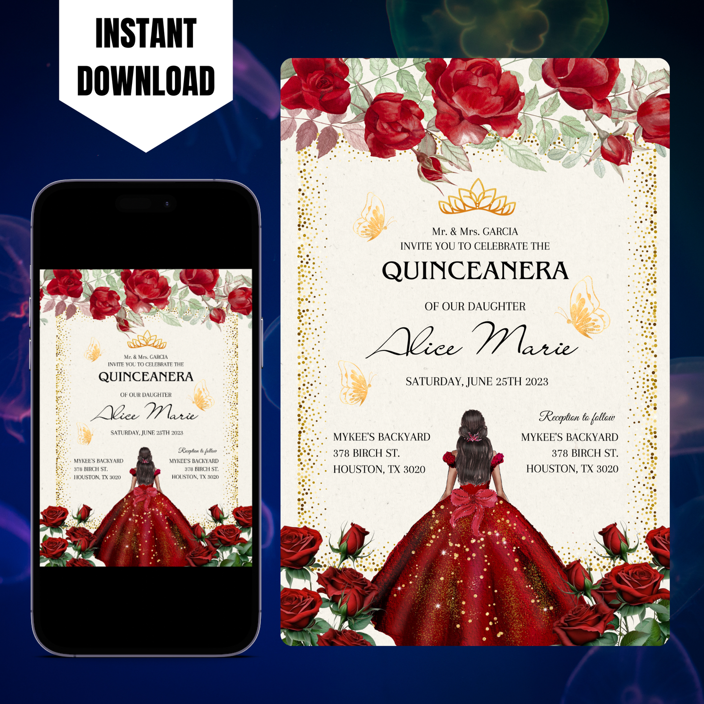 Red Floral Gold Butterflies Princess Quinceañera Invitation Template