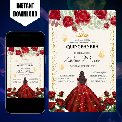 Red Floral Gold Butterflies Princess Quinceañera Invitation Template CreativeRino