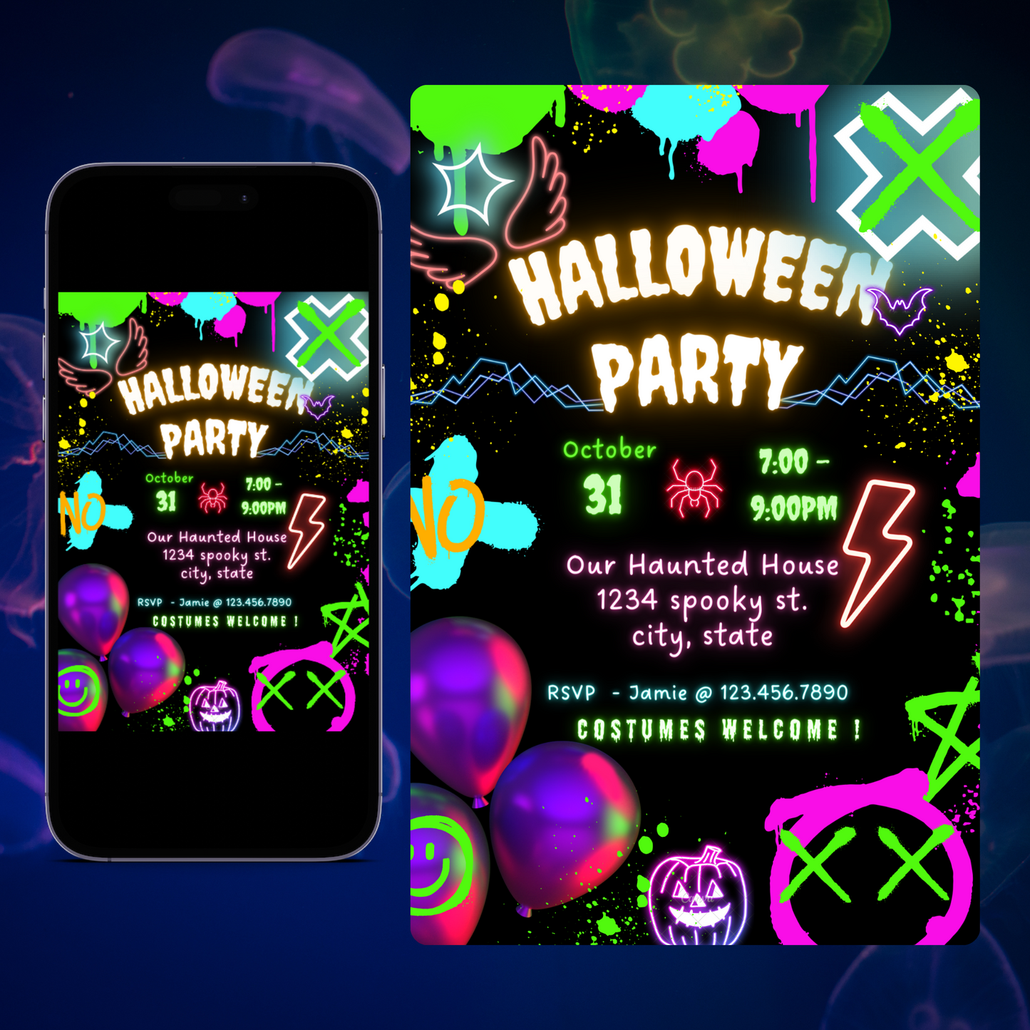 Neon Spooky Halloween Party Invitation Template