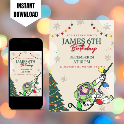 Buzz Lightyear Christmas Birthday Invitation Template | Toy Story Invite CreativeRino