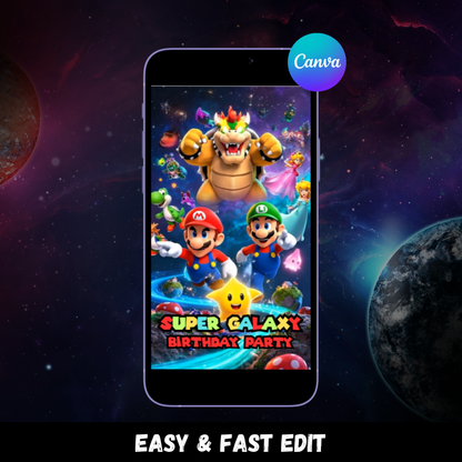 Super Mario Galaxy Birthday Video Invitation Canva Template CreativeRino